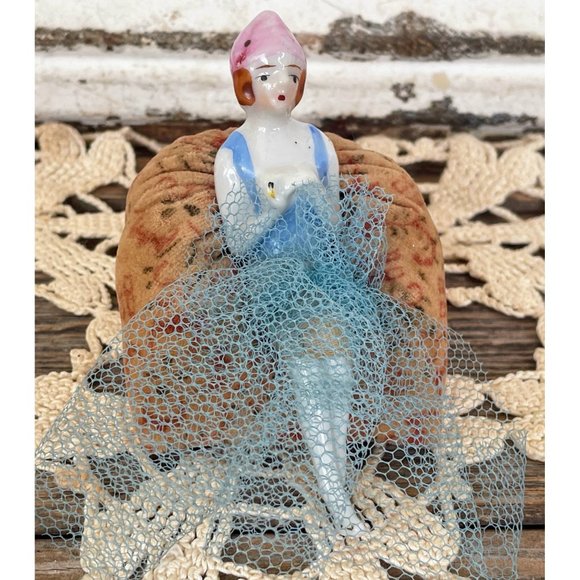 Antique Bathing Beauty Type Half Doll Pincushion On Chair Legs Tulle Dress - Picture 1 of 11